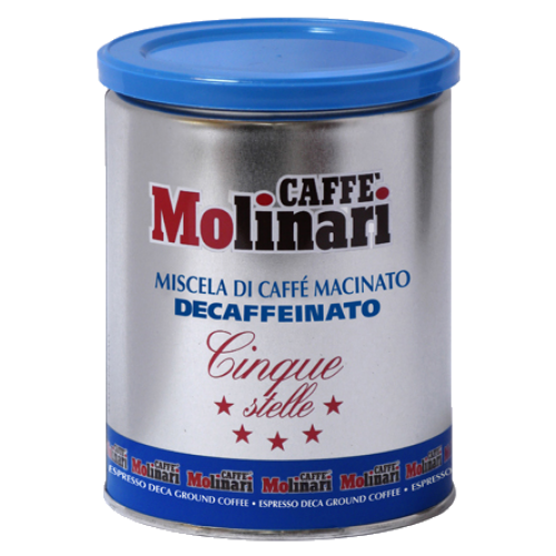 Molinari Cinque Stelle decaffeinato tincan ground coffee 250g